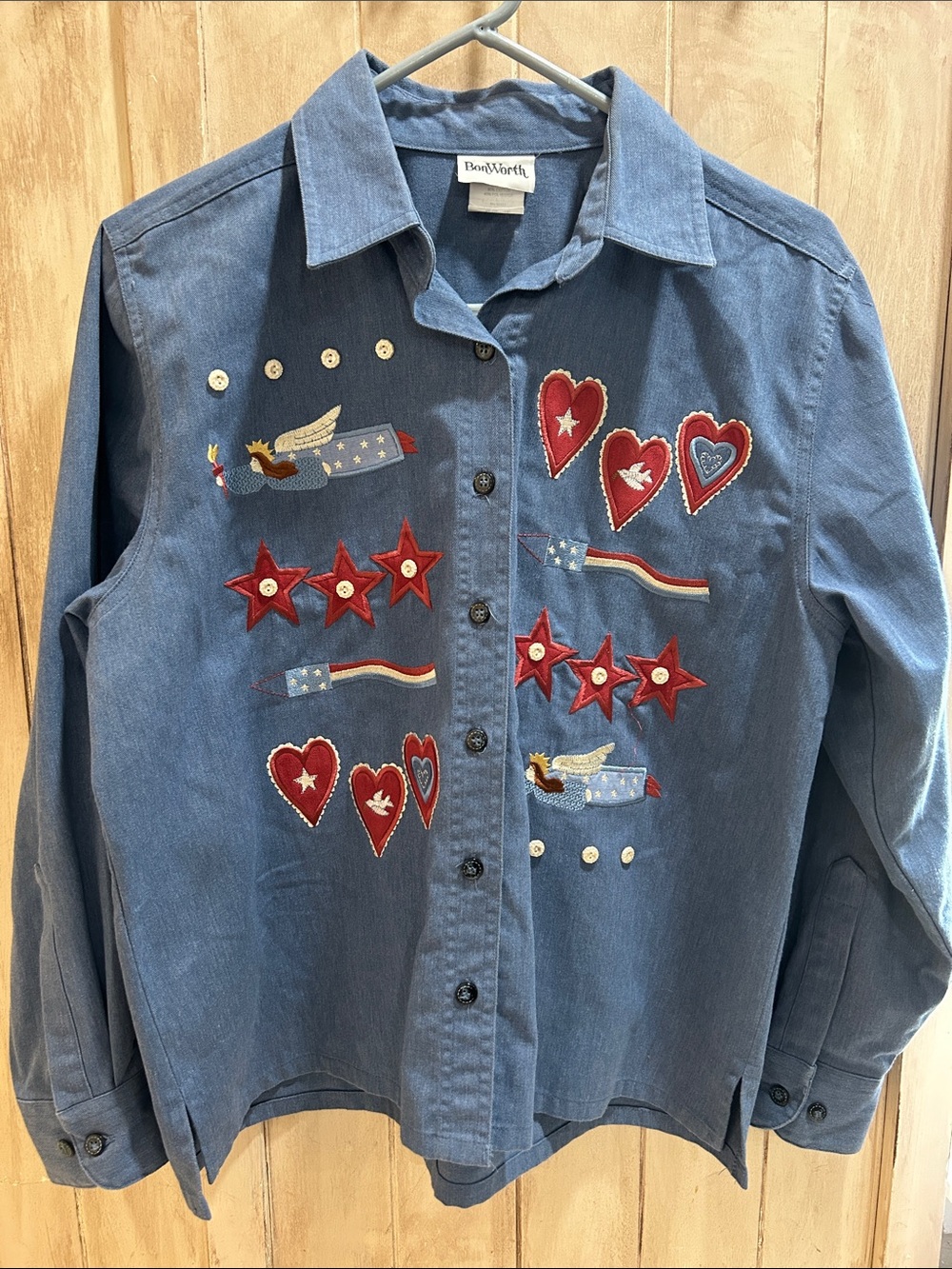 Bon Worth- Vintage  Embroidered Blue Denim Shirt with Patriotic Hearts & Stars